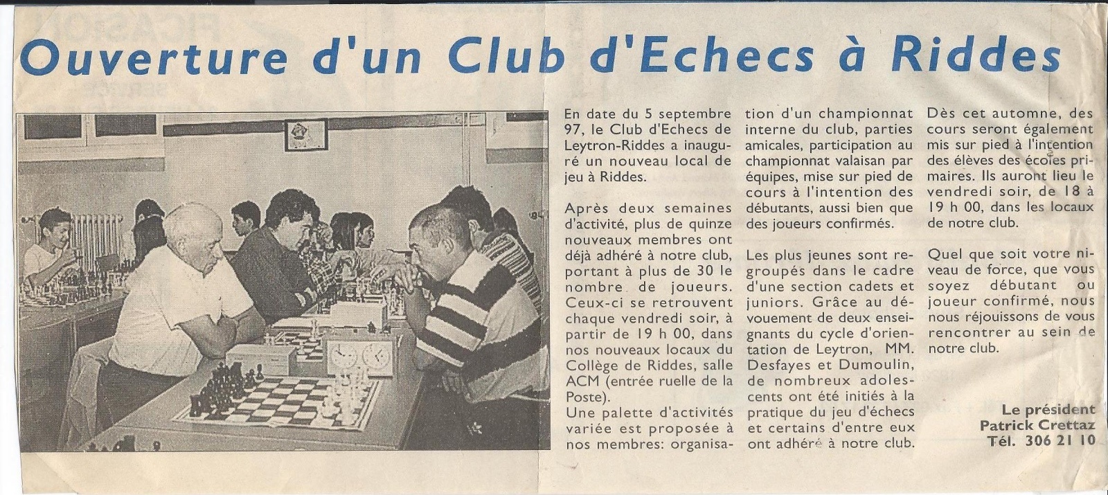 Article de presse — Ouverture du club d'échecs à Riddes en 1997